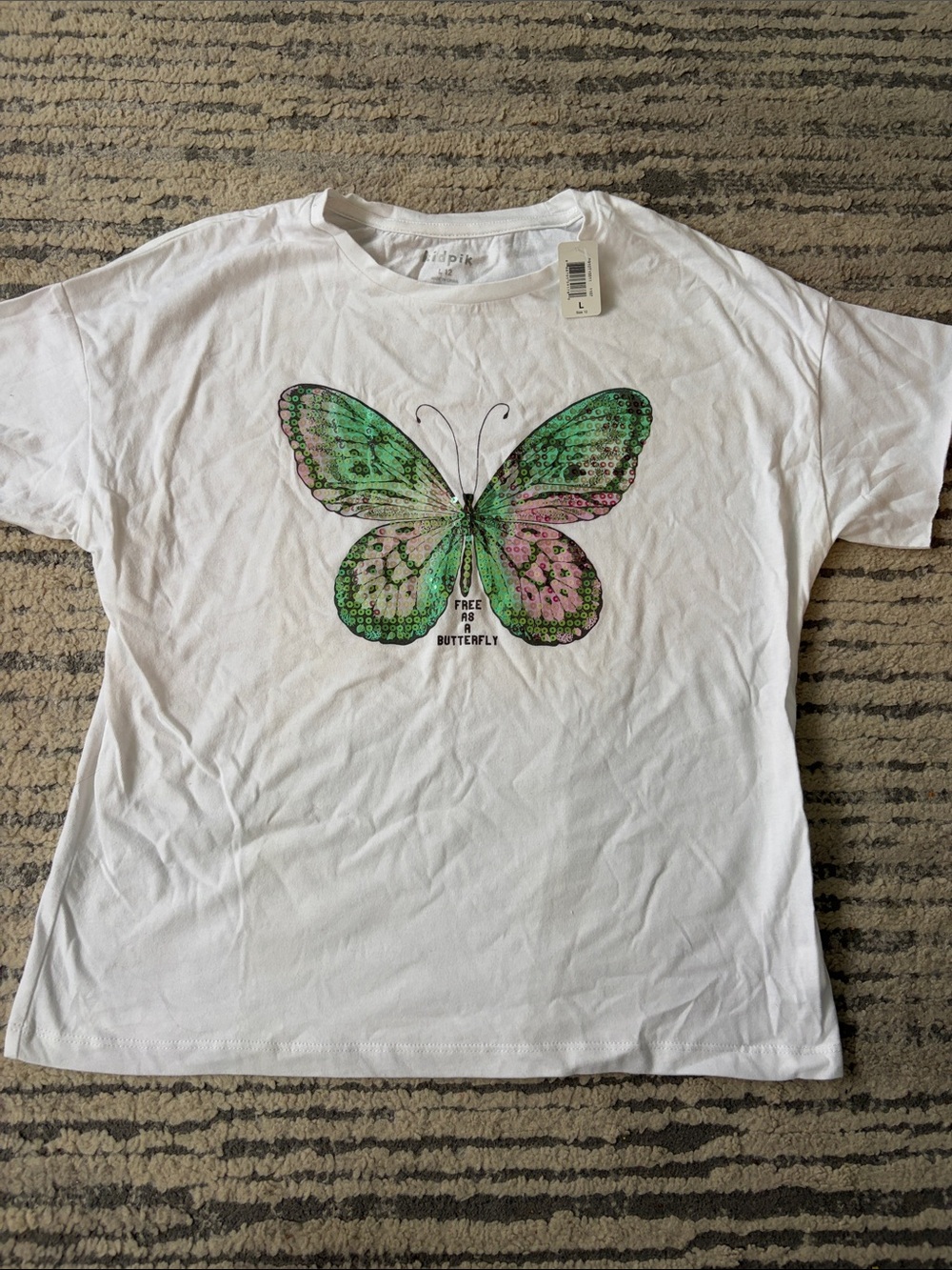 kidpik White Tee with Green & Pink Butterfly Graphic